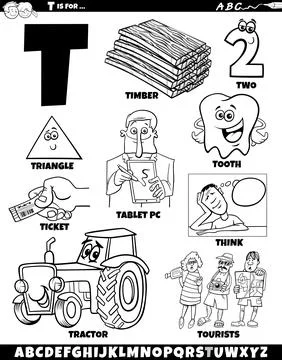 Letter T set with cartoon objects and characters coloring page Stockillustratie
