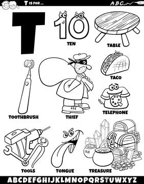 Letter T set with cartoon objects and characters coloring page Stock Illustration