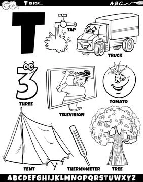 Letter T set with cartoon objects and characters coloring page Stock Illustration