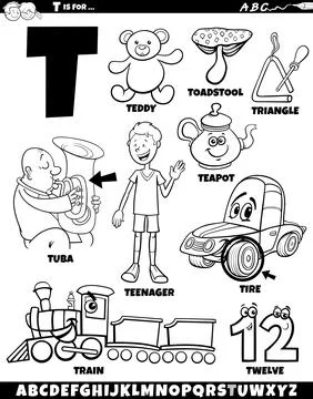 Letter T set with cartoon objects and characters coloring page Stockillustratie