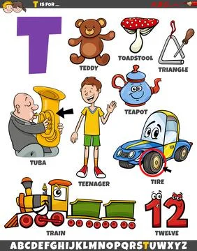 Letter T set with cartoon objects and characters 스톡 일러스트