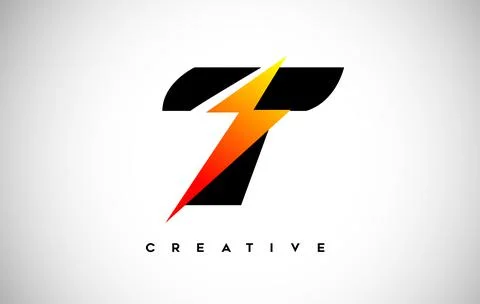 Letter T Thunderbolt Logo Concept with Black Letter and Orange Yellow Thunder Stock Illustration