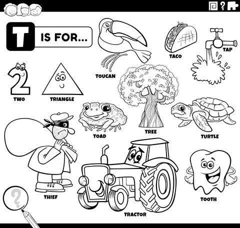 Letter t words educational set coloring book page 스톡 일러스트