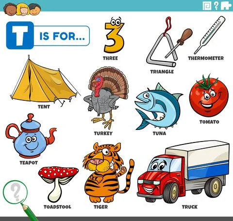 Letter t words educational set with cartoon characters Illustrazione stock