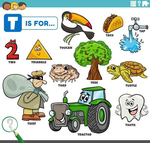 Letter t words educational set with cartoon characters Illustrazione stock
