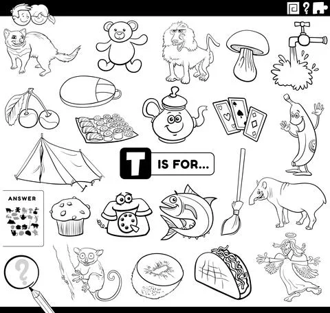 Letter t words educational task coloring book page 스톡 일러스트
