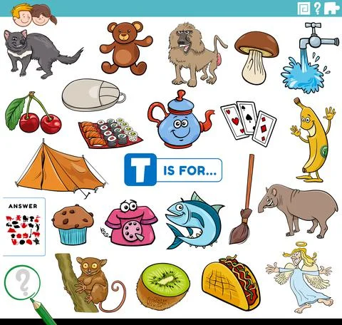 Letter t words educational task for children 스톡 일러스트