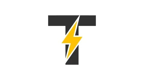 Letter T with Yellow Lightning Bolt Symbol, Electric Energy Icon Stock Illustration