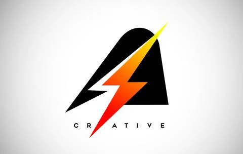 Letter A Thunderbolt Logo Concept with Black Letter and Orange Yellow Thunder Illustrazione stock
