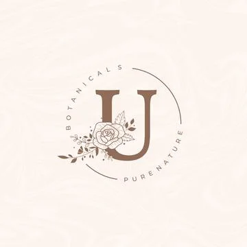 Letter U Botanical Flowers . Initial Wedding Monogram Font Logo. Circle Flora Stock Illustration