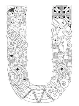 Letter U for coloring. Vector decorative zentangle object Illustrazione stock