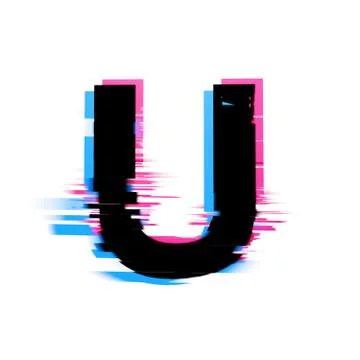 Letter U distorted neon glitch effect text font. 3D Render Stock Illustration