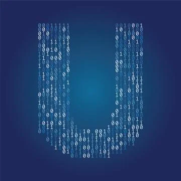 Letter U font made from binary code digits on a dark blue background Stock Illustration