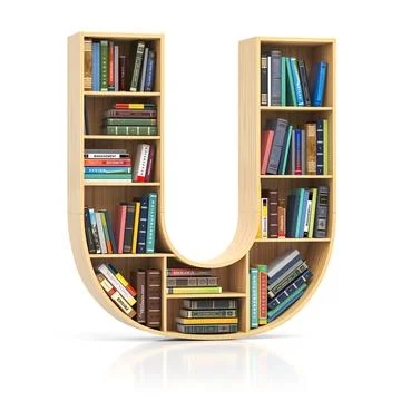 Letter U in form of bookshelf with book and texbooks. Educational and learnin Ilustração Stock