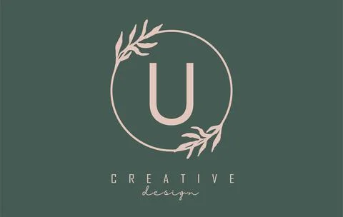 Letter U Logo with circle frame and pastel leaves design. Rounded vector illu Stock Illustration