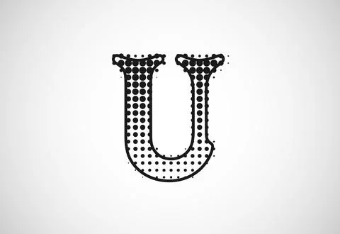 Letter U logo in halftone dots style, Dotted shape logotype vector design. Illustrazione stock