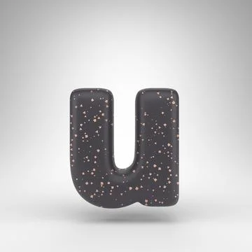 Letter U lowercase on white background. Black matte 3D letter with copper dots Stock Illustration