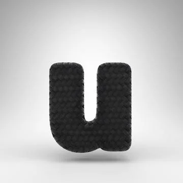 Letter U lowercase on white background. Black carbon fiber 3D letter with car Illustrazione stock