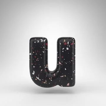 Letter U lowercase on white background. 3D letter with black terrazzo pattern Stock Illustration