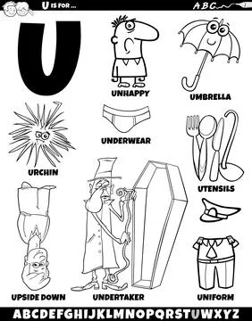 Letter U set with cartoon objects and characters coloring page Stock Illustration