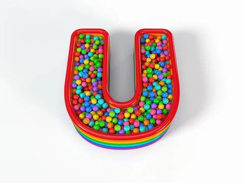 Letter U shaped child pool filled with plastic toy balls. 3D illustration Stock Illustration