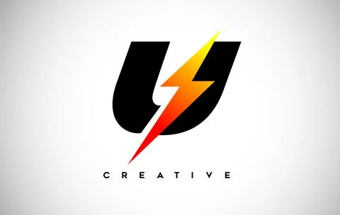 Letter U Thunderbolt Logo Concept with Black Letter and Orange Yellow Thunder Stock Illustration