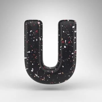 Letter U uppercase on white background. 3D letter with black terrazzo pattern Stock Illustration