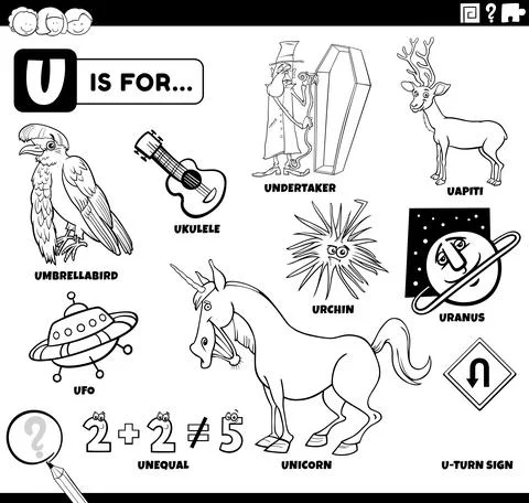 Letter u words educational set coloring book page Illustrazione stock