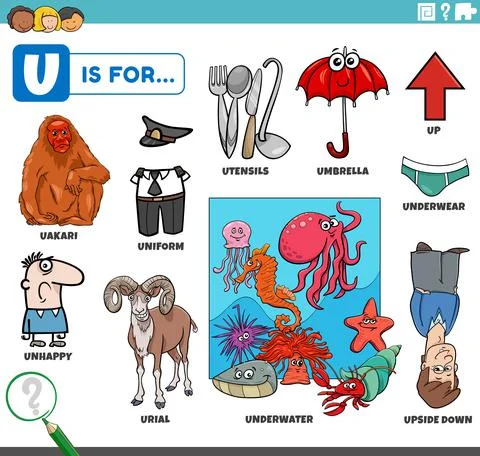 Letter u words educational set with cartoon characters Illustrazione stock