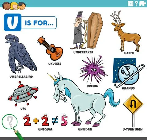 Letter u words educational set with cartoon characters Illustrazione stock