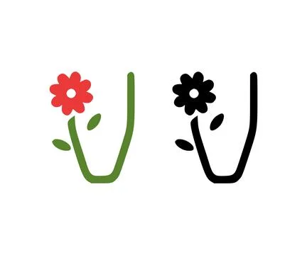 Letter V and red flower doodle icon Stock Illustration
