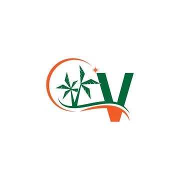 Letter V blends with coconut trees by the beach at night Stock Illustration
