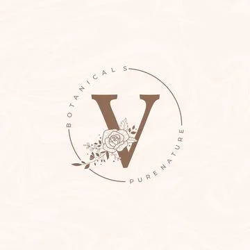 Letter V Botanical Flowers . Initial Wedding Monogram Font Logo. Circle Flora Stock Illustration