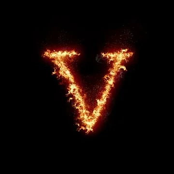 Letter v burning in fire, digital art isolated on black background, a letter Stock Illustration