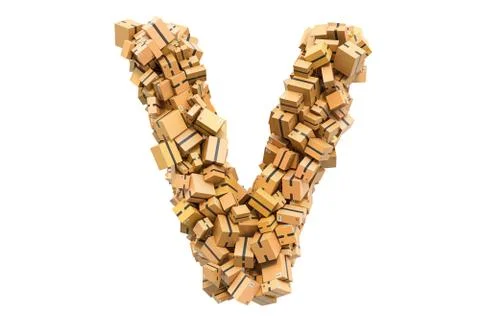 Letter V from cardboard boxes. 3D rendering 스톡 일러스트