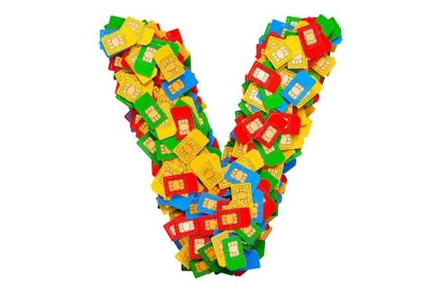 Letter V from colored SIM cards, 3D rendering Stock Illustration