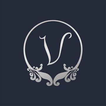 Letter V Decorative Crown Ring Alphabet Logo isolated on Navy Blue Backgrou.. Ilustración de archivo