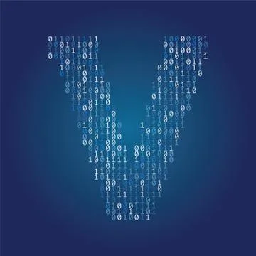 Letter V font made from binary code digits on a dark blue background Stock Illustration