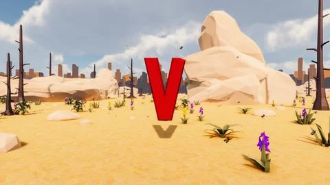 Letter v icon with low poly landscape 3d render Stock Illustration