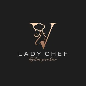 Letter V Lady Chef, Initial Beauty Cook Logo Design Vector Stock Illustration