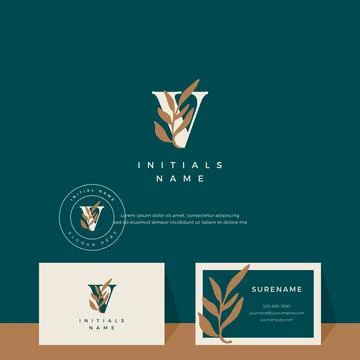 Letter V with leaf Beauty vector logo design of initial wedding, fashion, bou Stock Illustration