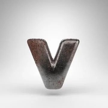 Letter V lowercase on white background. Rusty metal 3D letter with oxidized t Stock Illustration