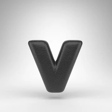 Letter V lowercase on white background. Black leather 3D letter with skin tex Stock-Illustration