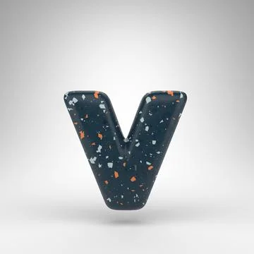 Letter V lowercase on white background. 3D letter with blue terrazzo pattern  Stock Illustration