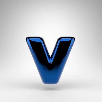 Letter V lowercase on white background. Blue chrome 3D letter with glossy sur Иллюстрация