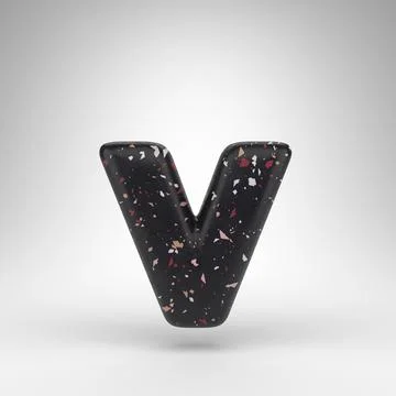 Letter V lowercase on white background. 3D letter with black terrazzo pattern Stock Illustration