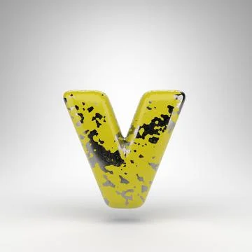 Letter V lowercase on white background. 3D letter with old yellow paint on gl 스톡 일러스트