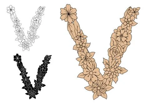Letter V with retro floral elements Stock Illustration