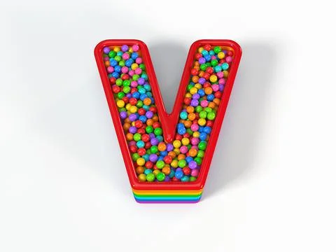 Letter V shaped child pool filled with plastic toy balls. 3D illustration Stock Illustration
