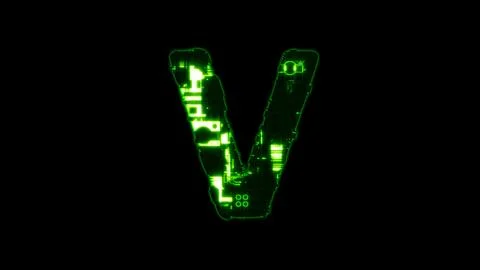 Letter V, shining high tech digital cyber punk green alphabet on black Stock Illustration